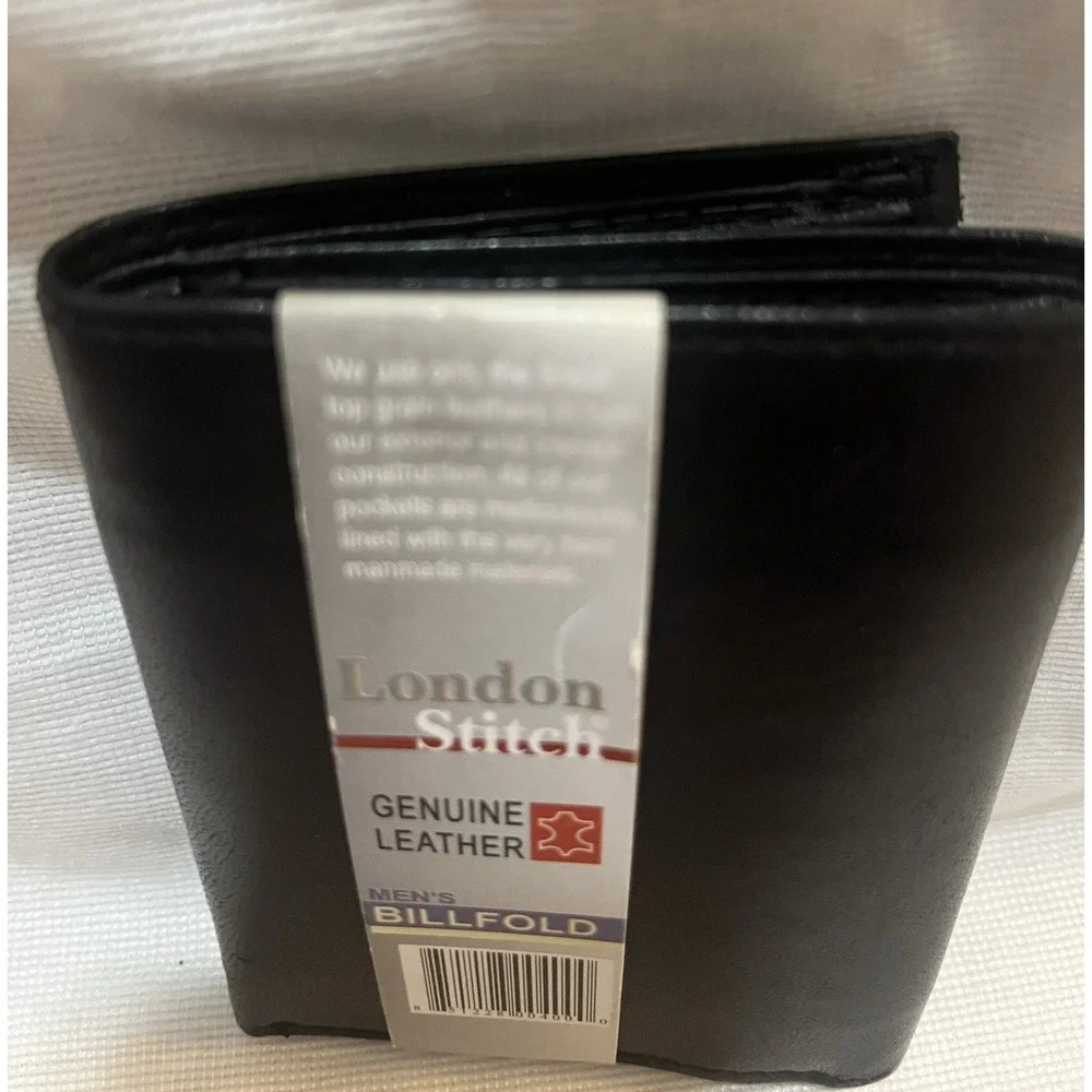 London Stitch Men's Trifold Black ‎ Genuine Leather Billfold